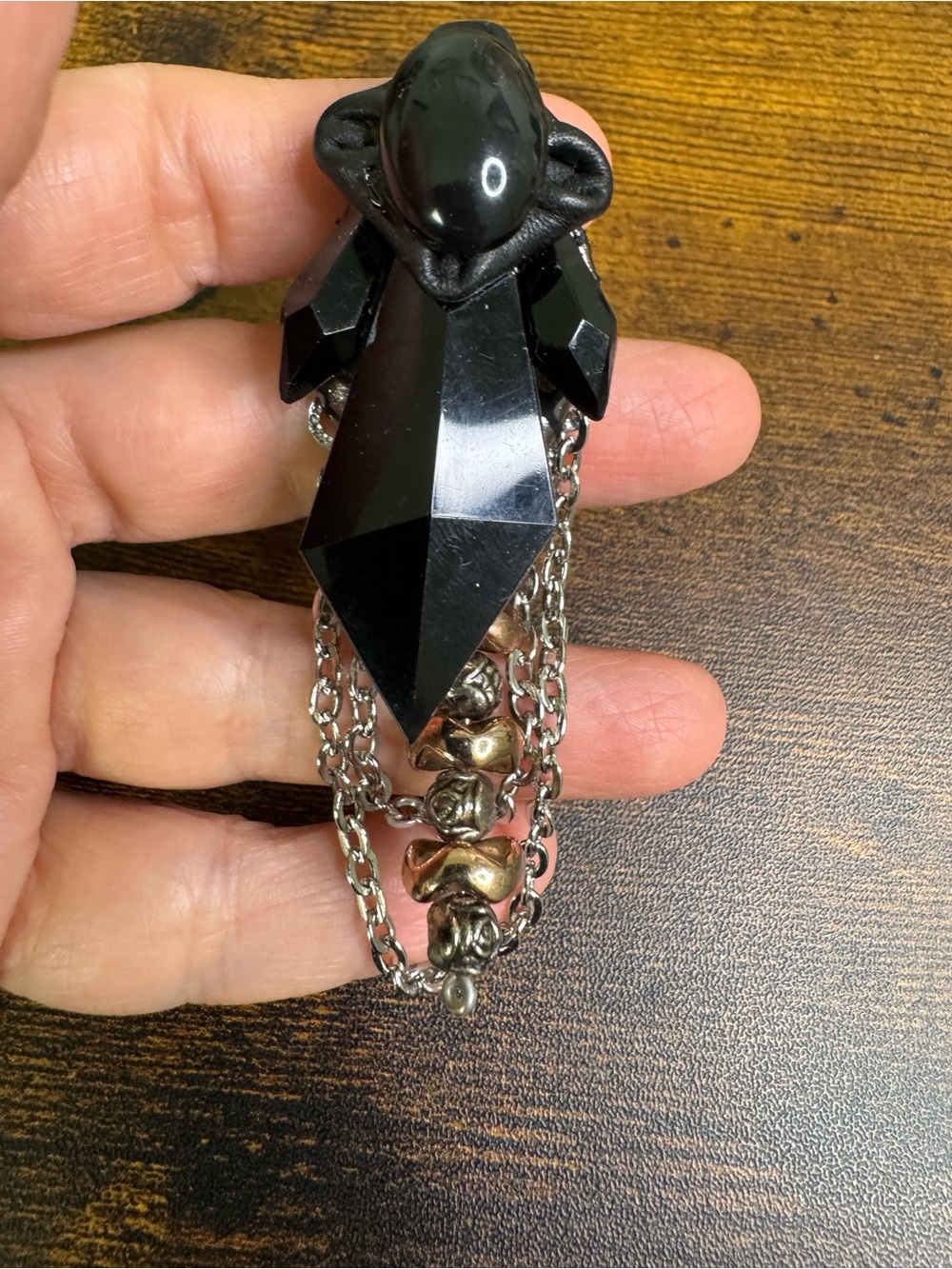 Black Faceted Glass Brooch with Chain Accents